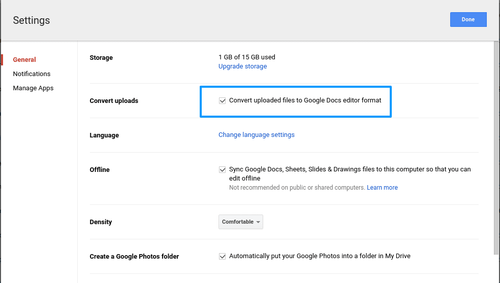Select Convert Uploads in Google Drive