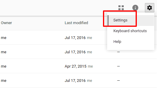 Google Drive Setting Menu