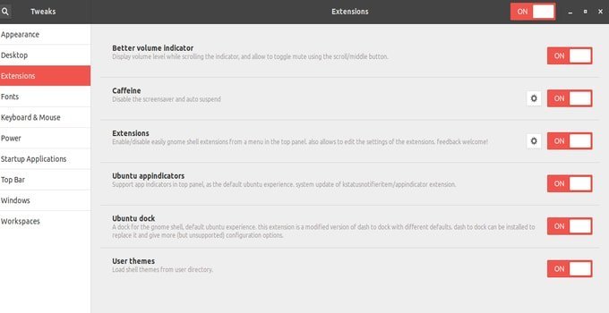 Ubuntu Gnome Tweak Tool Extension Tab