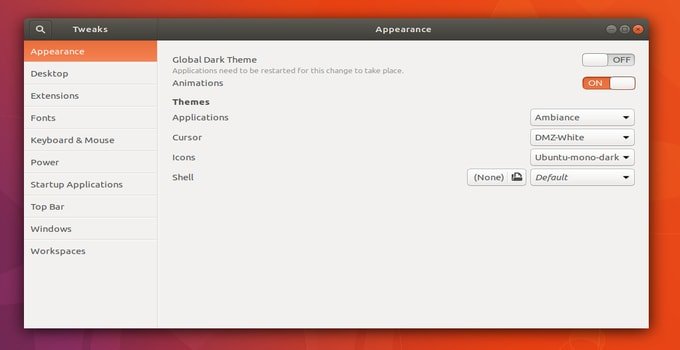 Gnome Tweak tool Appearance