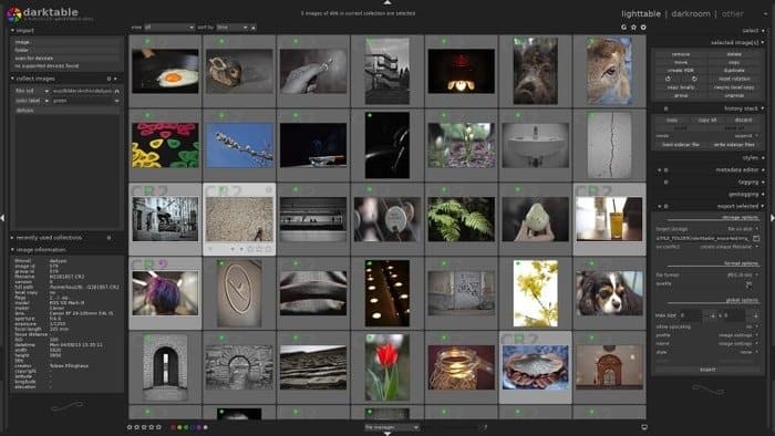darktable’s lighttable mode showing a collection