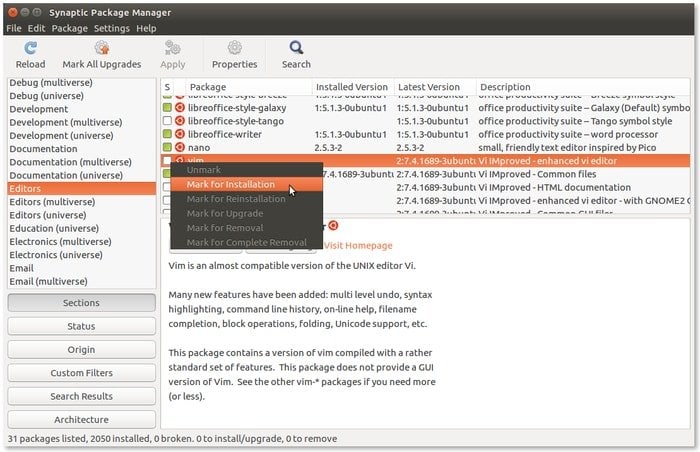 Instalación de software desde el gestor de paquetes Synaptic