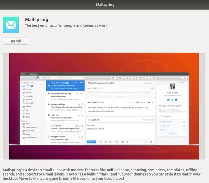 Breve descripción de la aplicación con botón de instalación en el centro de software de Ubuntu