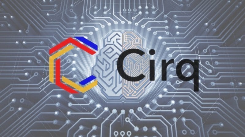 Background: logo of quantum computing with Cirq logo above. Cirq - one of python libraries