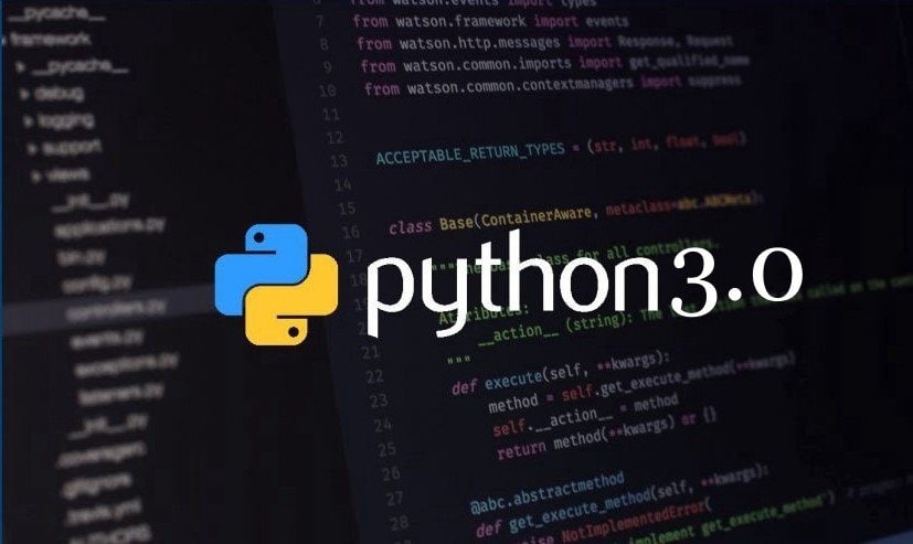 Python Logo With text Python 3.0; Backgrund: Baclk Blurred Coding Screen