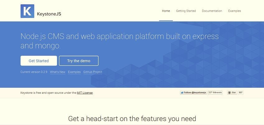 Homepage of Keystone Js, A NodeJs CMS