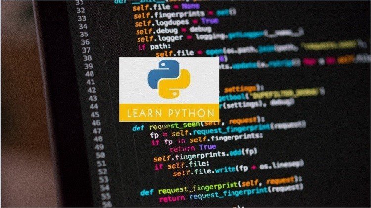 Part of Laptop Screen With Coding and Python Logo With Text "Learn Python" Above: Type: Python Certification