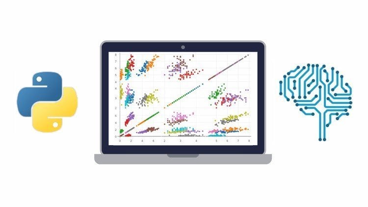 White Background: Python Logo, Desktop Screen With Data Graph and Logo Of A Data Covered Brain