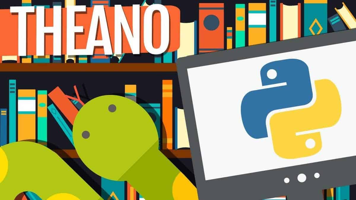 Text Theano with Python Logo and Bookshelf as background