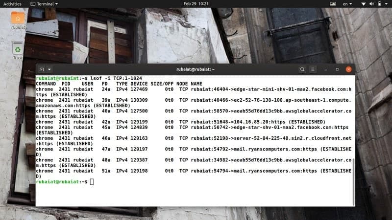 lsof output using port ranges