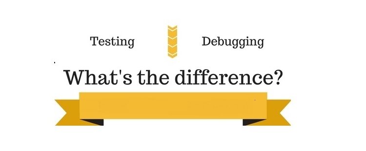 White background: Testing vs Debugging ; in middle text: what's the difference with golden ribbon downwards