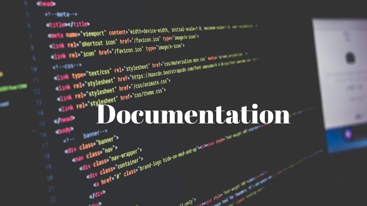 Tilted black screen with code written on it, middle white text: documentation, type: programming interview questions