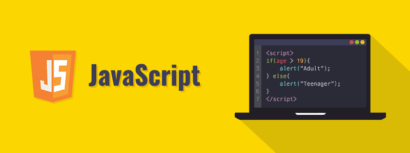 Yellow Background: JS Logo from left, Word "JavaScript" and a black screen with code. Type: JavaScript Interview Questions