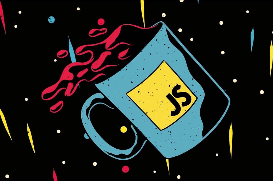 A mug titled with JS falling with split coffee; background: black with white dots