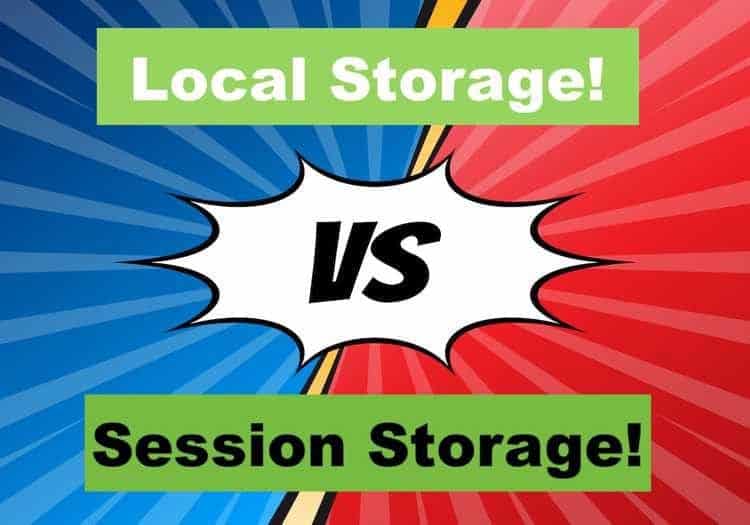 local storage vs session storage; background blue separated with tilted red; Type JavaScript Interview Questions