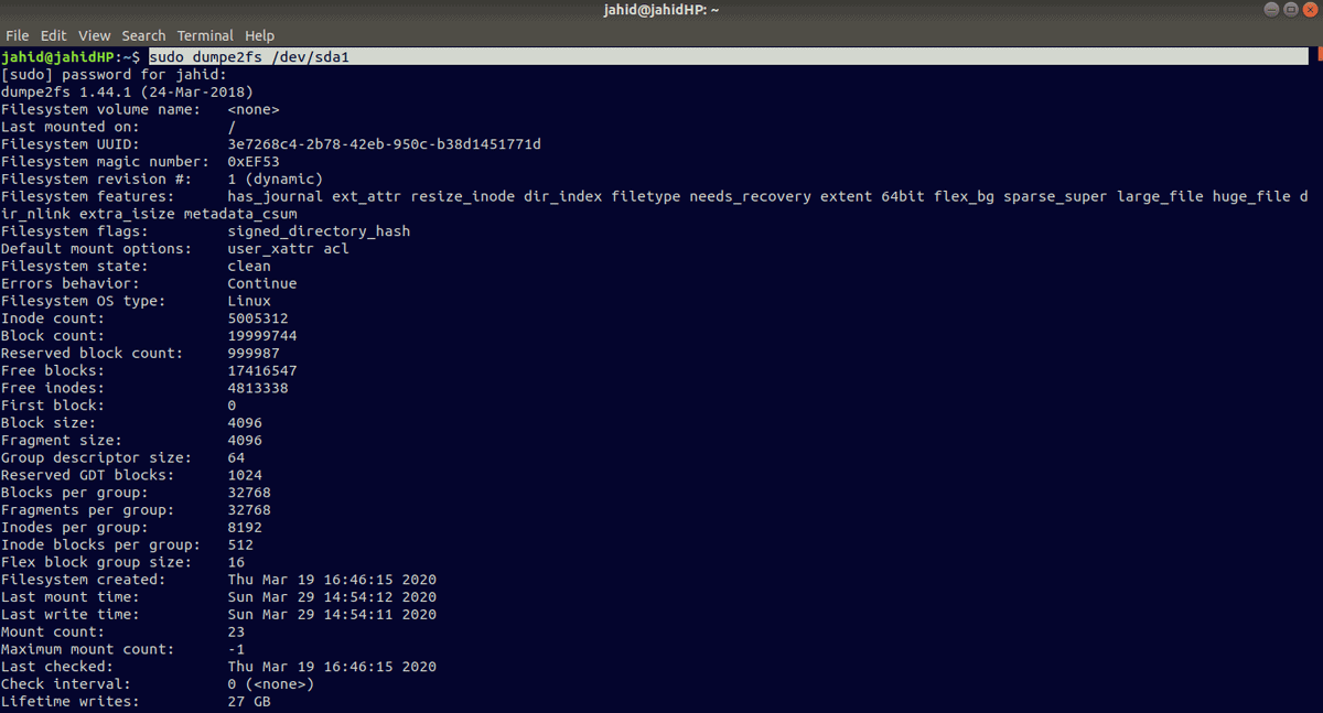 sudo dumpe2fs
