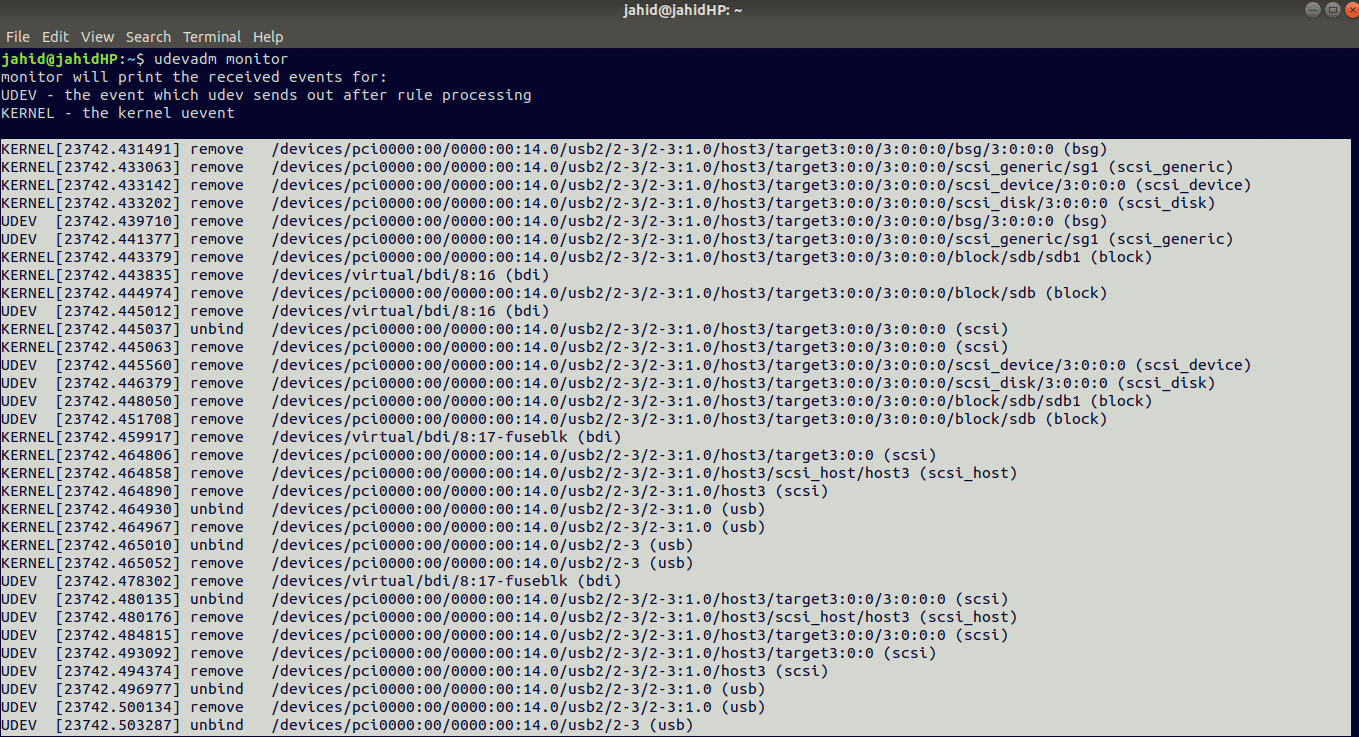 udevadm monitor in identify filesystem linux