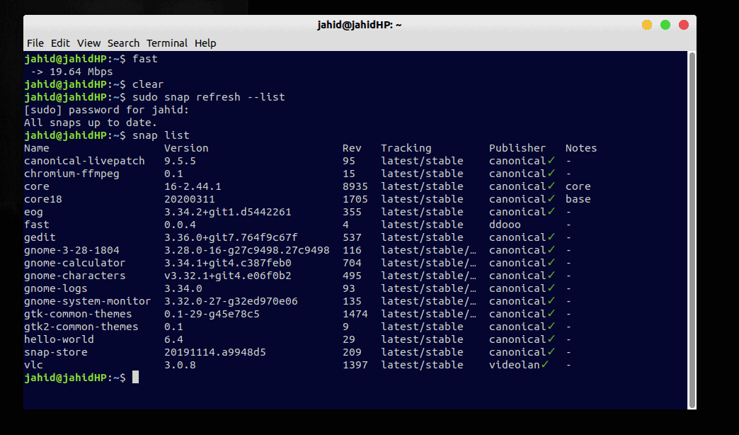 snap packages list downgrade in linux