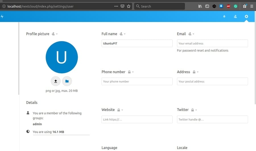 nextcloud setting page ubuntu