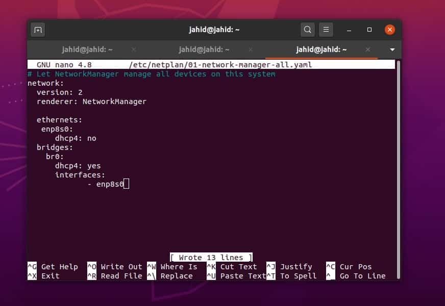 nano netplan Network Bridge in Ubuntu Linux