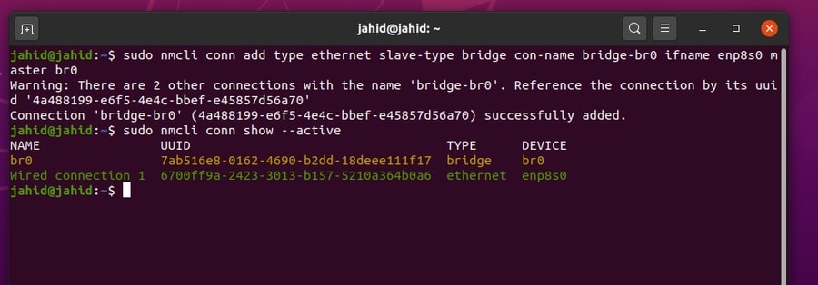 nmcli all active Network Bridge in Ubuntu Linux