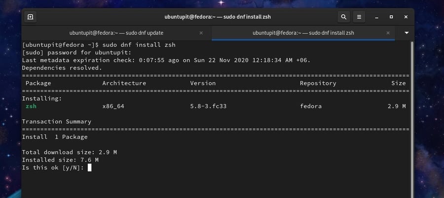 zsh on Fedora Linux install