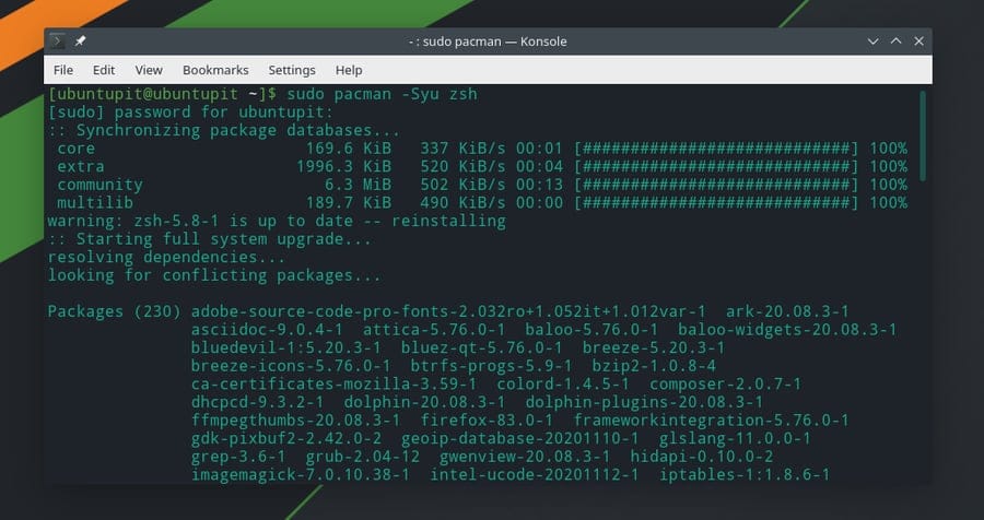 zsh on arch Linux pacman