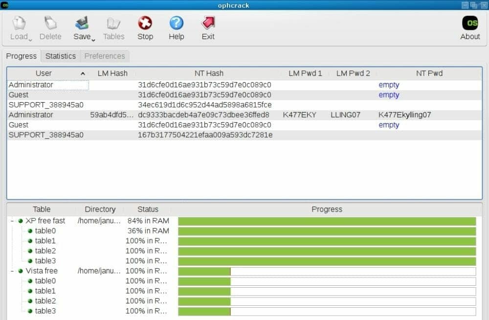 Ophcrack windows password recovery tool