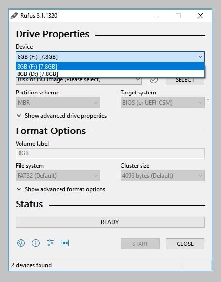 rufus usb selection for Linux live USB