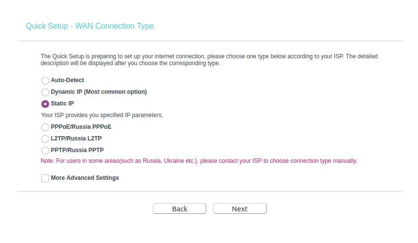 static IP quick setup TP Link