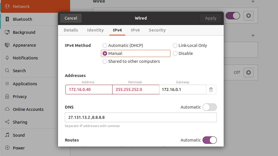 static ip on ubuntu GUI