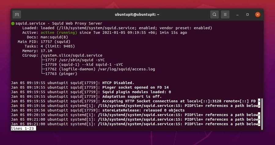 état du système Squid Proxy sur Ubuntu