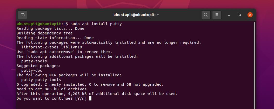 install putty ssh client on ubuntu Linux