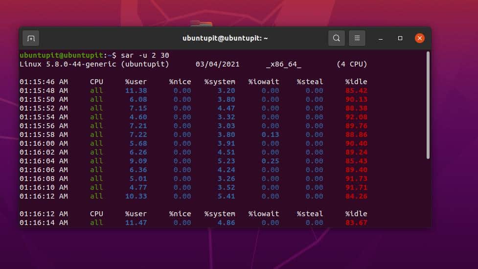 Sysstat no Ubuntu sar u 2 30