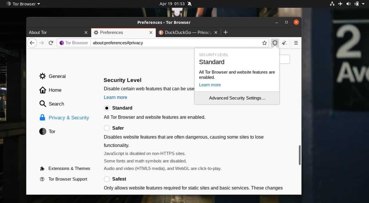 Tor browser security level