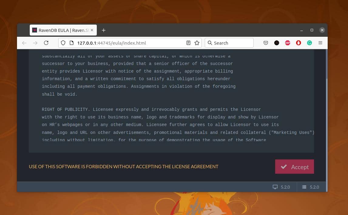 ravendb on browser accept agreement