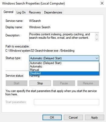 Disable Windows Search to speed up Windows 10