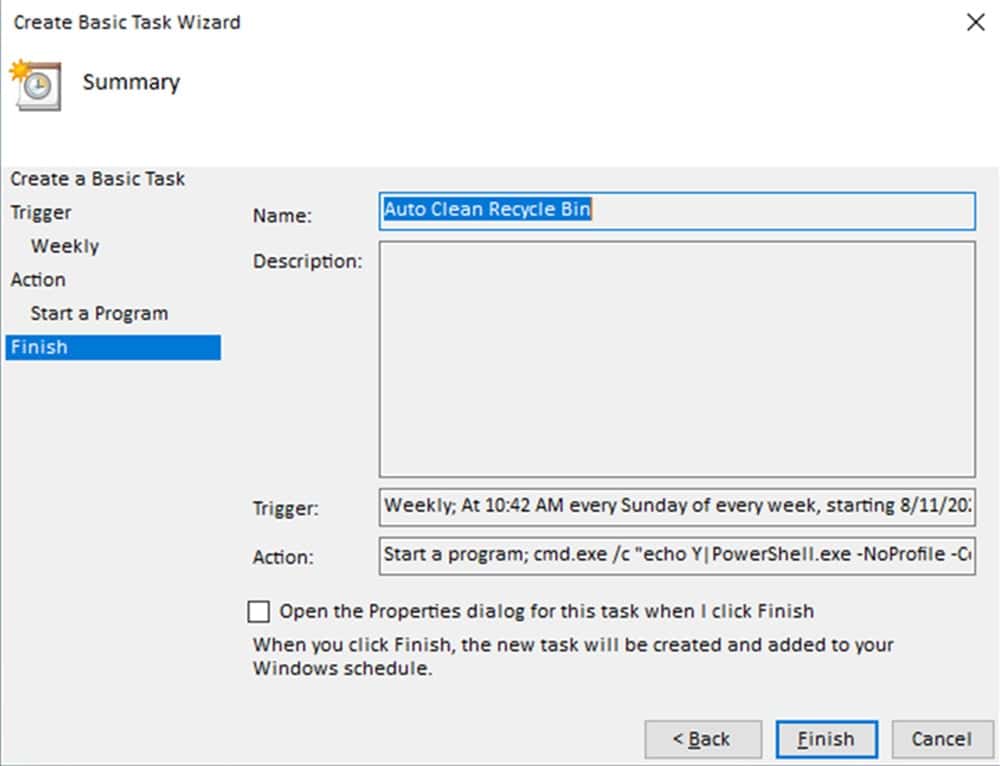 Step 7 Finish Schedule Windows 10 to Empty Recycle Bin