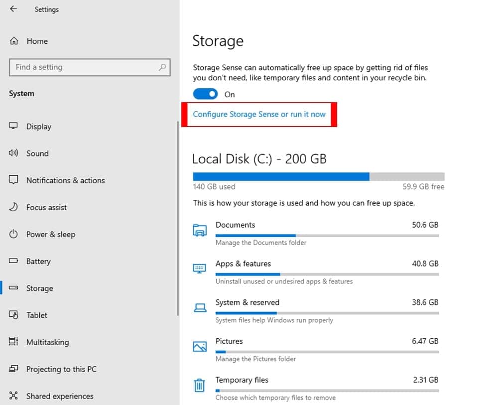 Configure storage sense