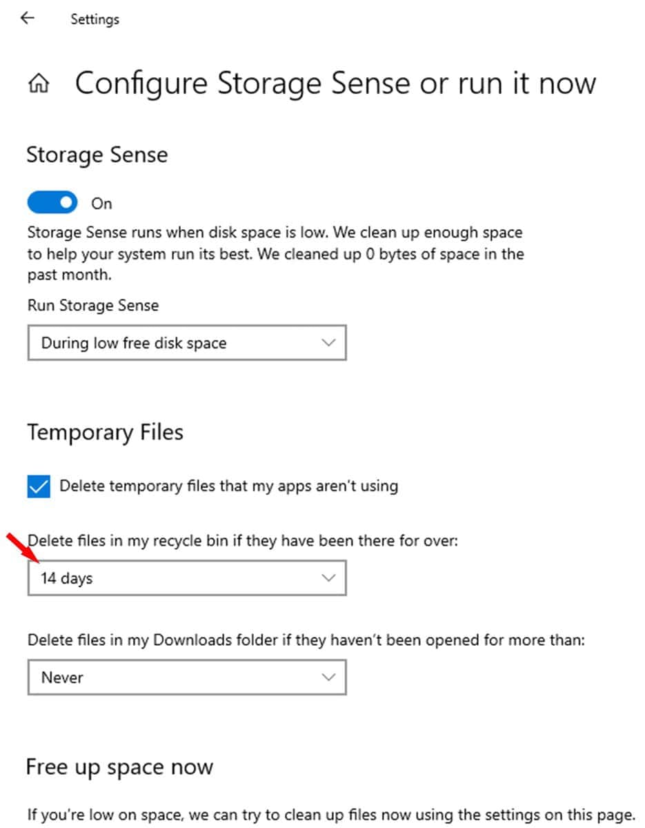 configure to schedule Windows 10 to empty recycle bin automatically