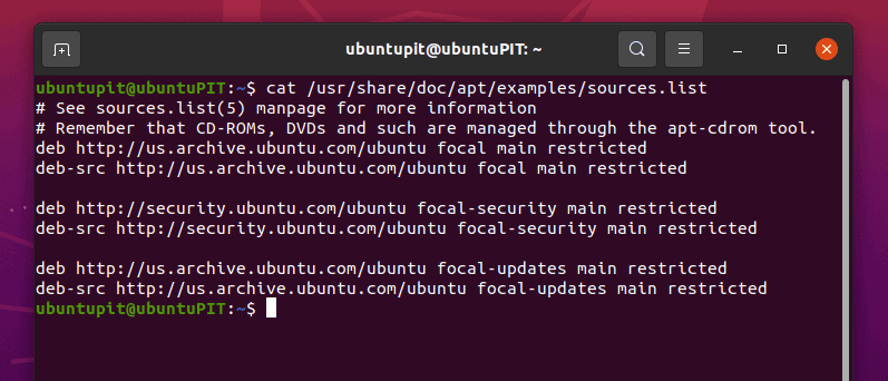 output: cat /usr/share/doc/apt/examples/sources.list