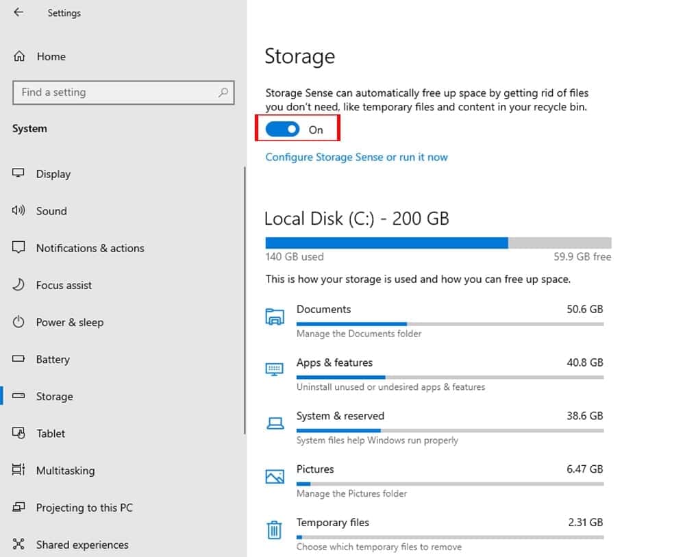 Toggle on Storage Sense