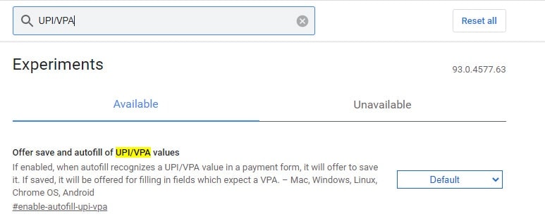 Autofill of UPI VPA values Chrome Flags