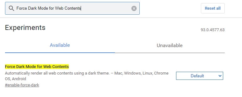 Enable Dark Mode Chrome Flag