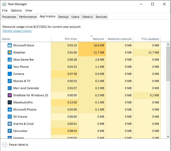 Show Application History Windows Task Manager Tricks