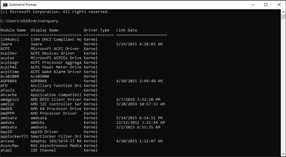 Display installed device drivers