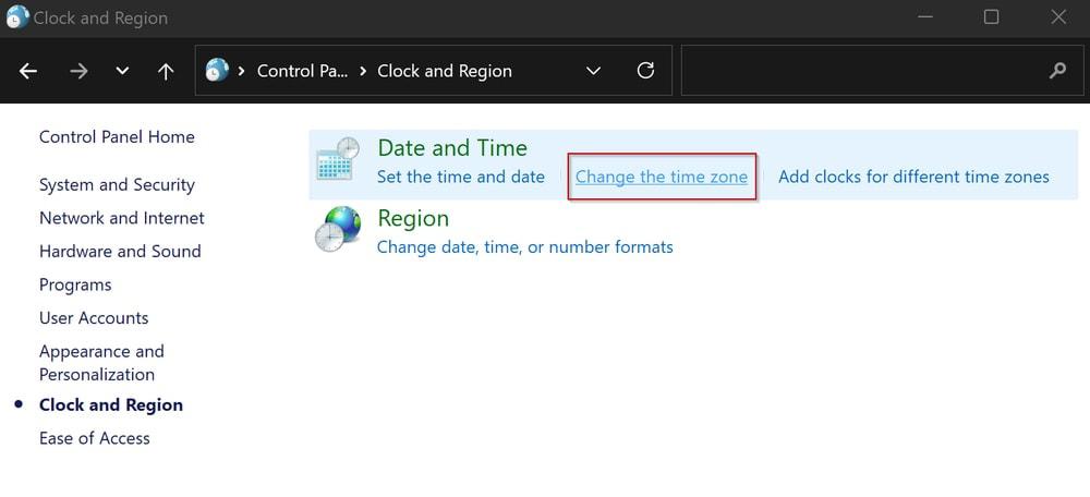 Change time zone windows 11 using control panel