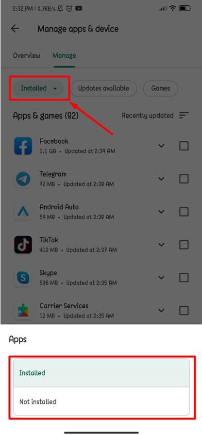 Reinstall previously used app on Android- installed & not installed apps