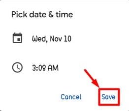 Save date and time to scheduled send text