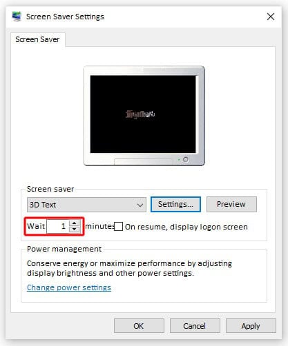 Screen Saver Settings for Waiting time